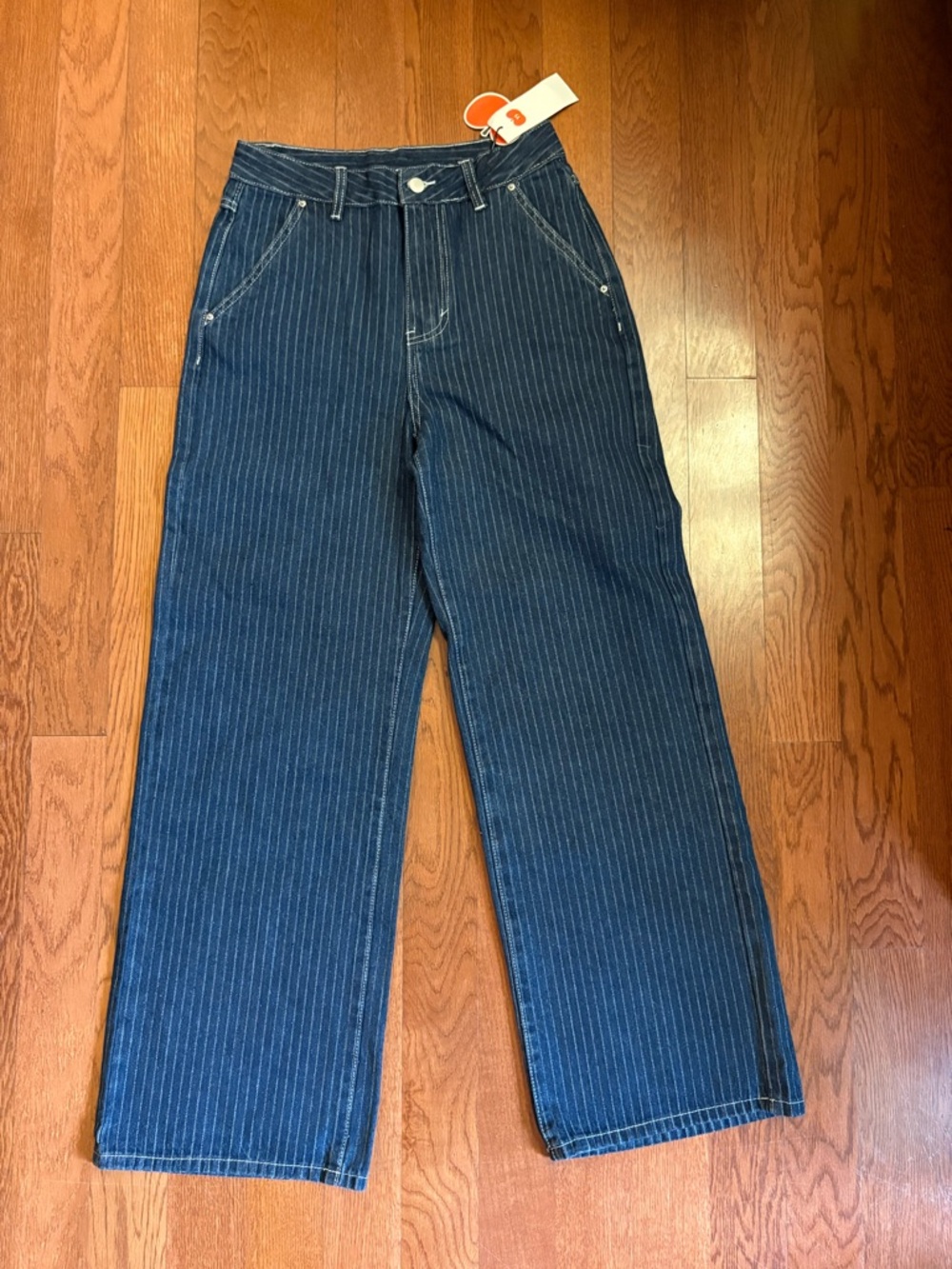 Cider Navy Pinstripe Wide-Leg Jeans. Size small